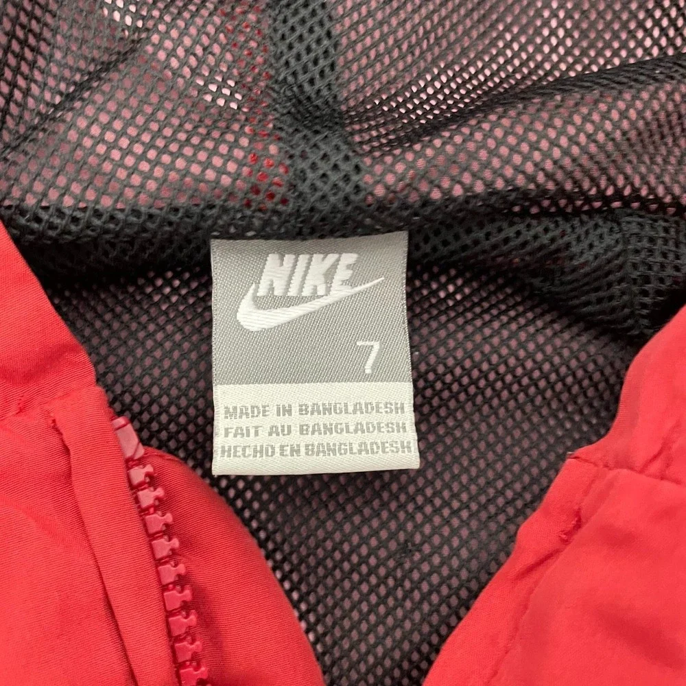 Vintage Nike Windbreaker Jacket Kids 7 Red Y2K Hooded Full Zip Windbreaker